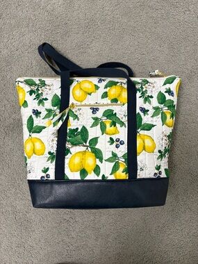 Lemon print tote bag- Yellow White Navy Blue w faux leather bottom